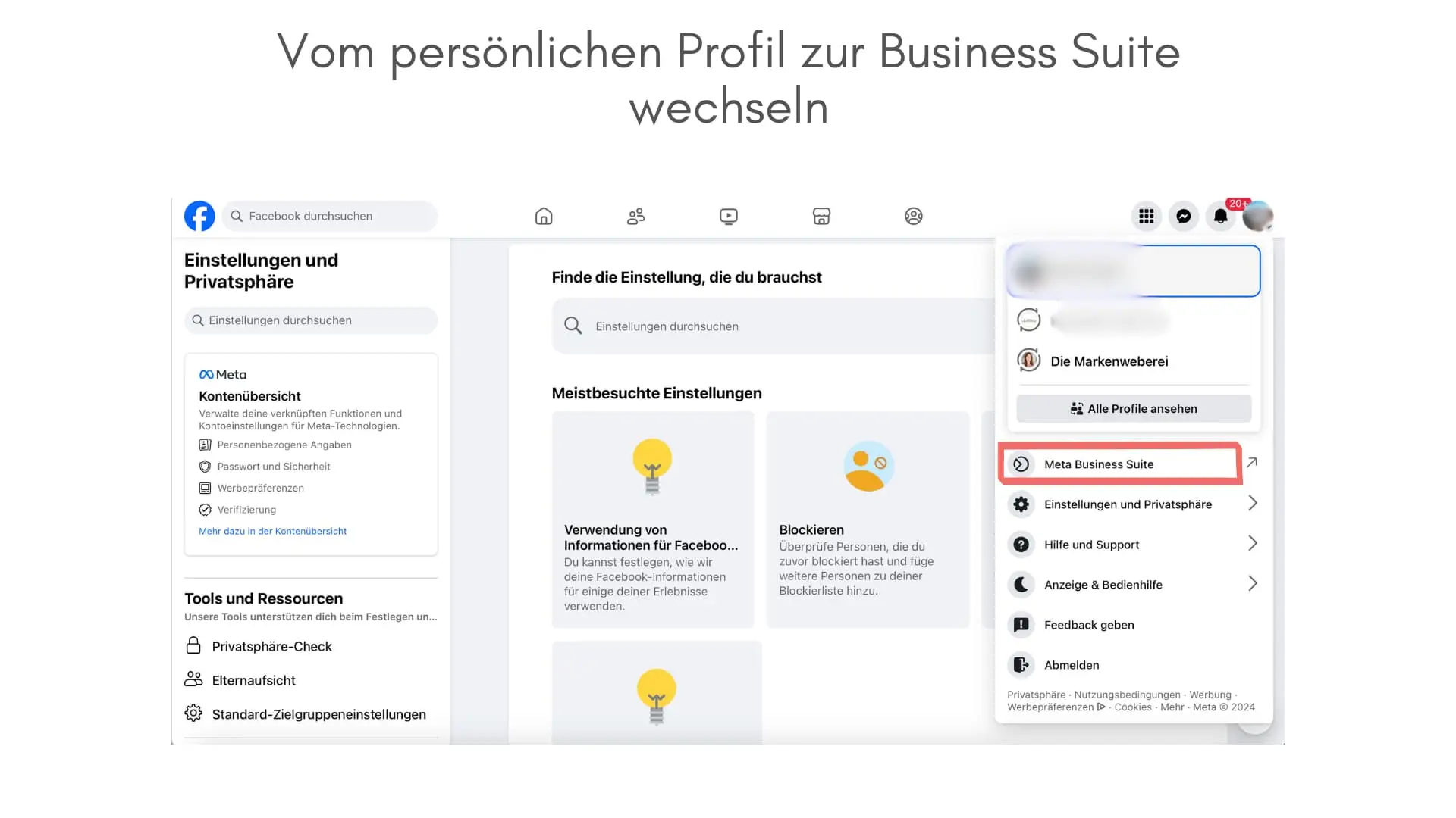 So kommt man vom persönlichen Facebook Profil zur Meta Business Suite