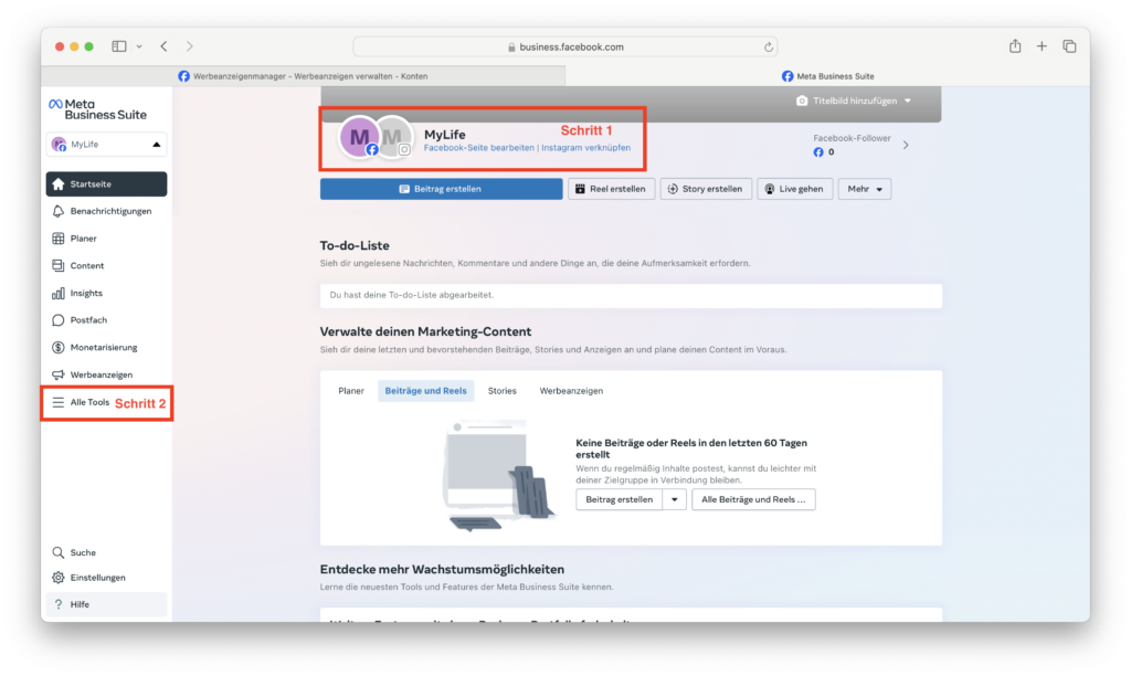 So verknüpft man die Meta Business Suite mit dem Instagram Konto für die Werbung